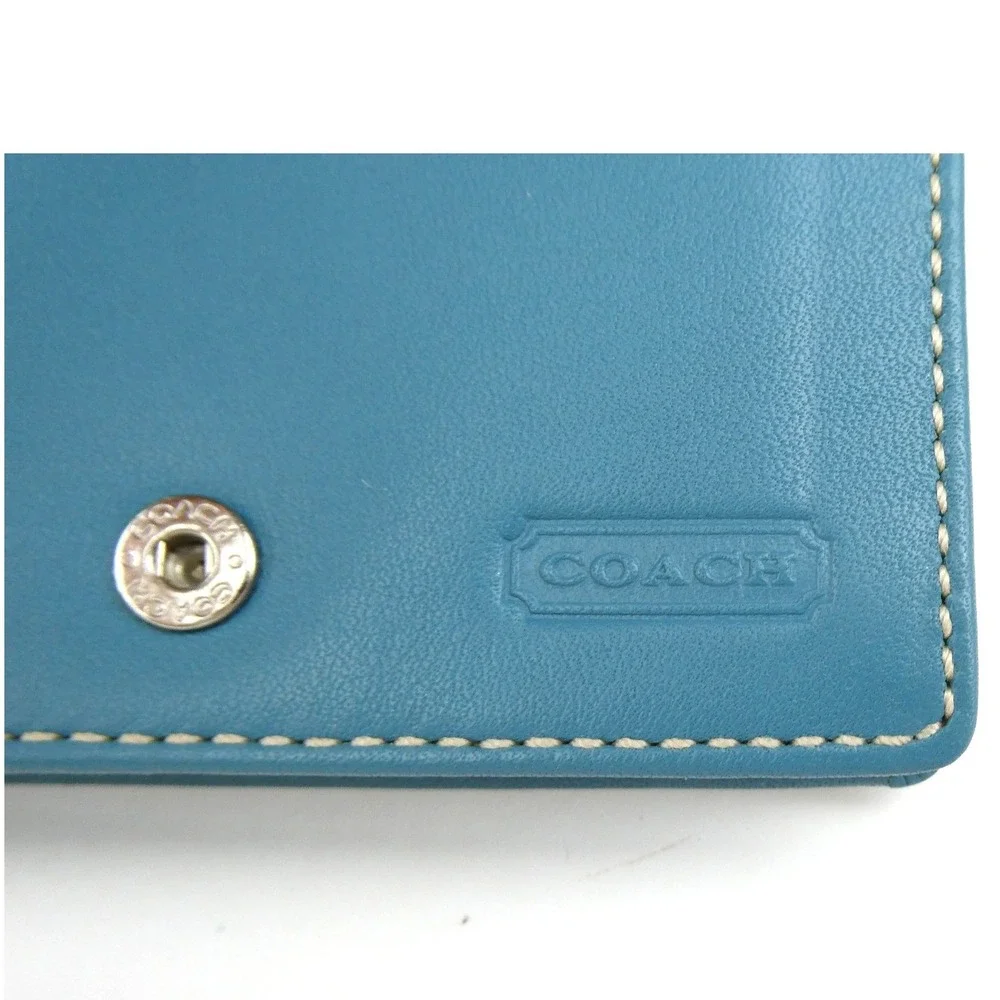 Coach Signature Khaki Teal Leatherware Bifold Card Case Wallet